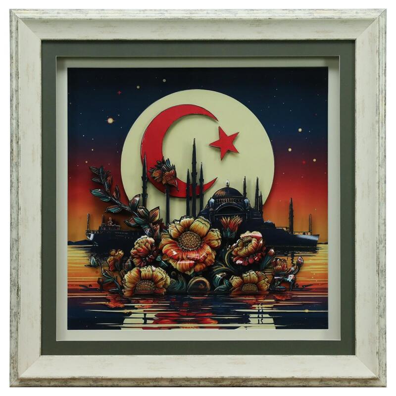 e38 EL İŞÇİLİĞİ AY YILDIZ KAĞIT RÖLYEF TABLO 66x66 CM - 6334 - 1
