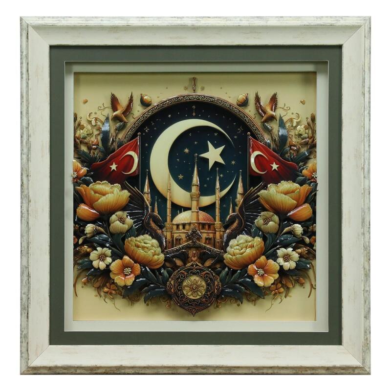 e38 EL İŞÇİLİĞİ AY YILDIZ KAĞIT RÖLYEF TABLO 68x66 CM - 6336 - 1