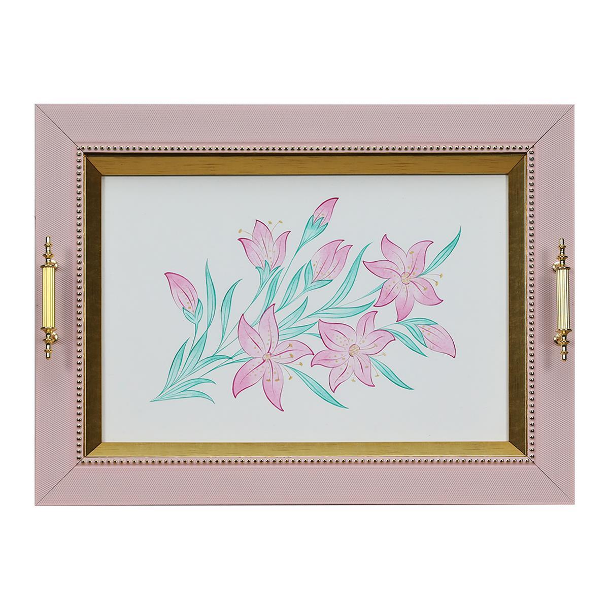 e38 EL İŞÇİLİĞİ PEMBE ÇİÇEK SULUBOYA TEPSİ 36x48  cm - 6223
