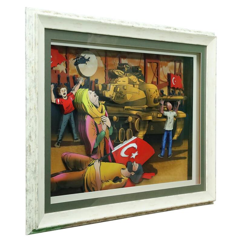 e38 EL İŞÇİLİĞİ TANK VE İNSAN KAĞIT RÖLYEF TABLO 65x85 CM - 6338 - 2