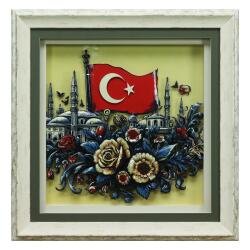 e38 EL İŞÇİLİĞİ TÜRK BAYRAĞI KAĞIT RÖLYEF TABLO 66x68 CM - 6352 - e38