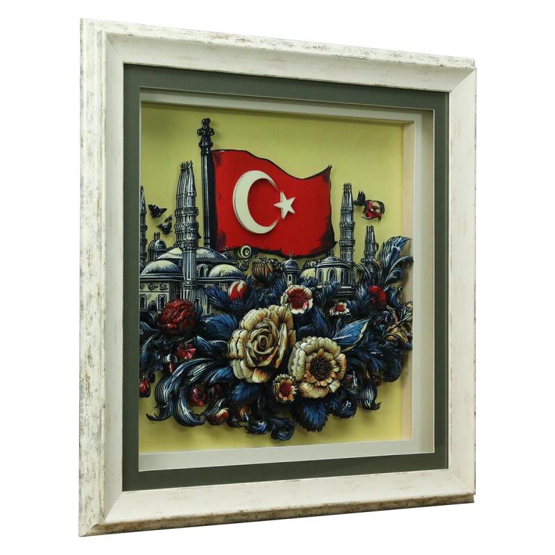 e38 EL İŞÇİLİĞİ TÜRK BAYRAĞI KAĞIT RÖLYEF TABLO 66x68 CM - 6352 - 2