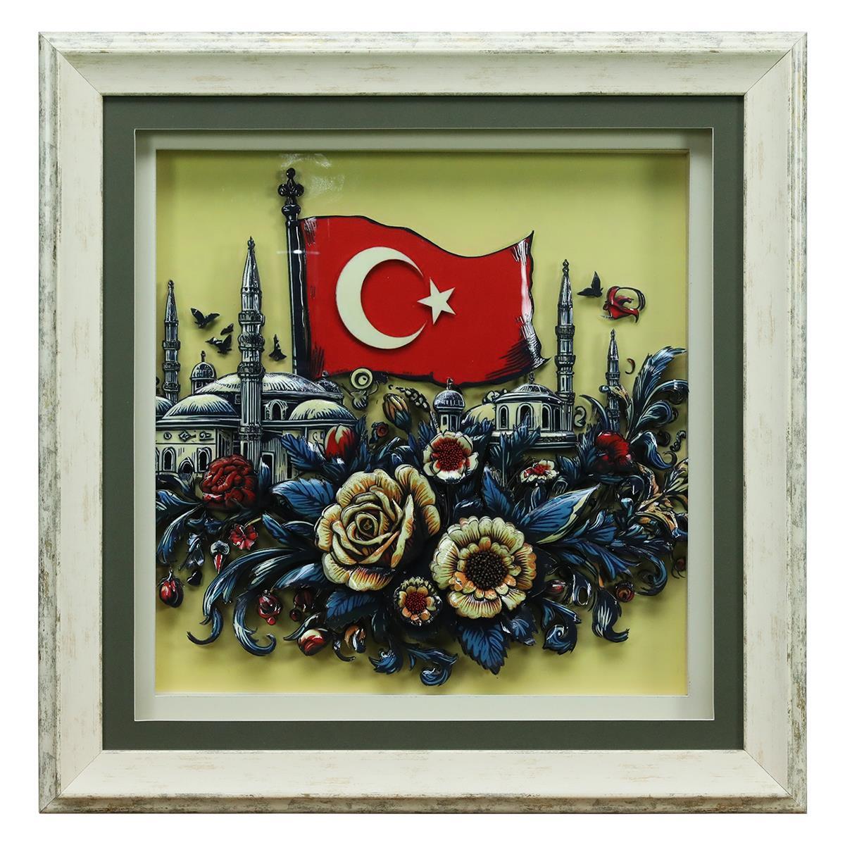 e38 EL İŞÇİLİĞİ TÜRK BAYRAĞI KAĞIT RÖLYEF TABLO 66x68 CM - 6352