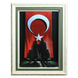 e38 EL İŞÇİLİĞİ TÜRK BAYRAĞI KAĞIT RÖLYEF TABLO 67x87 CM - 6348 - e38