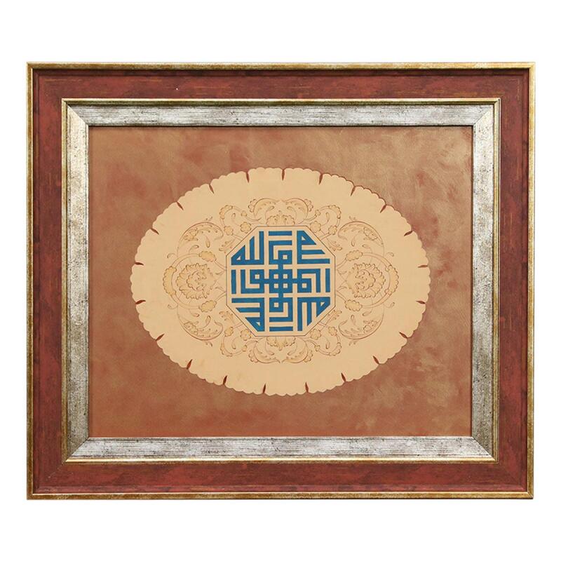 e38 حرف يدوية، خط كوفي، هوف الله، تقنية هالكار، لوحة إضاءة 53*46 سم - 6198 - 1