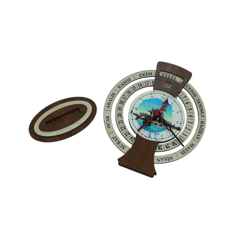 e38 KAYSERİ SAAT KULESİ AHŞAP TAKVİMLİ MASA SAATİ 25x20 cm- 6009 - 4