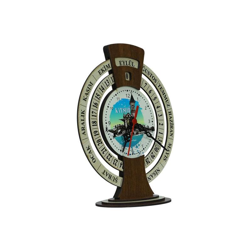 e38 KAYSERİ SAAT KULESİ AHŞAP TAKVİMLİ MASA SAATİ 25x20 cm- 6009 - 2